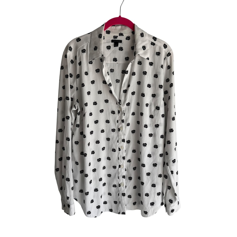 ANN TAYLOR White and Black Roses Long Sleeve Gothic Minimalist Ladies Blouse, L